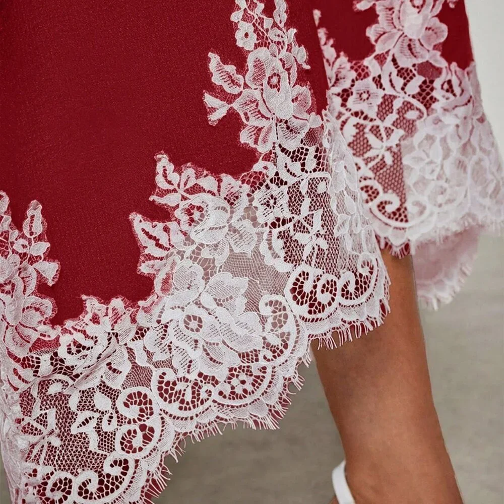 Burgundy Elegant Women's Asymmetrical Flare Sleeve lace detailed Sweater Dress